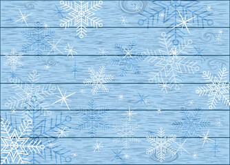 blue background texture of a board with white snowflakes postcard