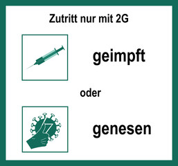 Symbol Schilder mit der 2G Regel. Text Deutsch (Zutritt nur mit 2G) und (geimpft oder genesen). Vektor