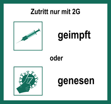 Symbol Schilder mit der 2G Regel. Text Deutsch (Zutritt nur mit 2G) und (geimpft oder genesen). Vektor