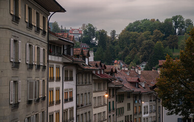 Fototapeta na wymiar Bern, Switzerland - 2021: Traveling on the streets of this amazing Swiss city, next to its main landmarks. Great architecture and beautiful sights.