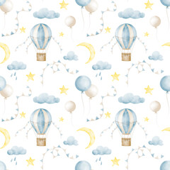 Watercolor Baby Seamless Pattern with blue air balloons and yellow stars. Hand drawn Background with clouds and crescent moon for kid textile or wrapping paper