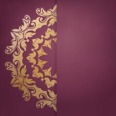Postcard template burgundy with Indian gold pattern for your brand.