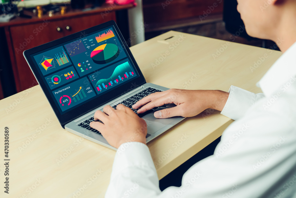 Poster business data dashboard analysis by ingenious computer software . investment application display bus