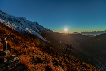 Mountain landscape opened from the refuge hut point on the Mont Blanc massif in the French Alps....