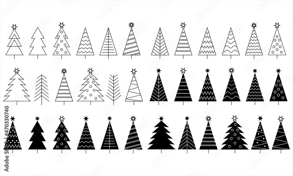 Poster set of christmas tree line icons .christmas tree with a stars. vector black simple icons collection 