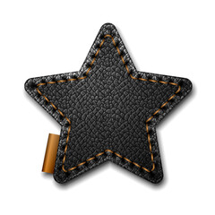 Blank star stitched black leather label isolated on white background vector template.