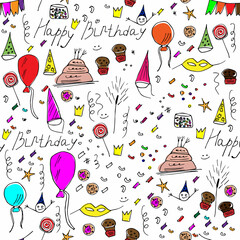 seamless set of hand-drawn colorful birthday elements in the style of doodles for conceptual design, gift packaging, textiles. vector illustration isolated on a white background.Celebration, confetti