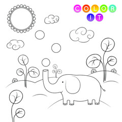 Black and White cartoon vector illustration. Anti-stress page for child.  Cute outline education game. Fantasy coloring page with elephant. Coloring book, print, t shirt design, sticker, label.