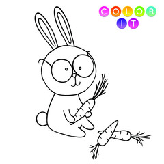 Black and White cartoon vector illustration. Anti-stress page for child.  Cute outline education game. Fantasy coloring page with rabbit. Coloring book, print, t shirt design, sticker, label.
