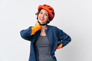 Young cyclist woman isolated on white background laughing