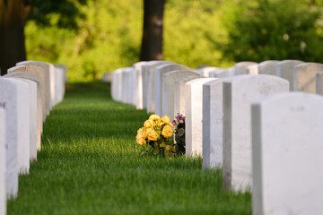Headstones and flowers in Arlington National Cemetery - Circa Washington D.C. United States of America	