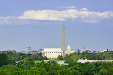 Washington DC skyline with major monuments inline including Lincoln Memorial, Washington Monument and the Capitol - Washington DC United Sates of America