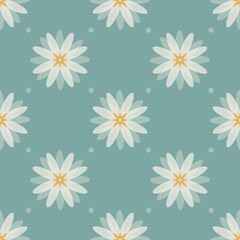 Delicate seamless pattern with white camomiles, daisies flowers on blue, mint, azure background. Ornament for textiles, scrapbooking, paper, fabric, wallpaper, invitation greeting cards