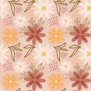 Delicate seamless floral pattern with flowers and leaves on pink background in pastel color. White, yellow, red inflorescences with abstract dots and strokes for textiles, wallpaper, paper, fabrics © SashaBary