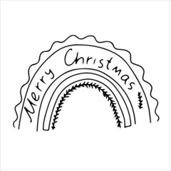 Rainbow with winter lettering decoration in doodle style. Simple decor for a festive Christmas and New Years. Vector illustration isolated on white background.