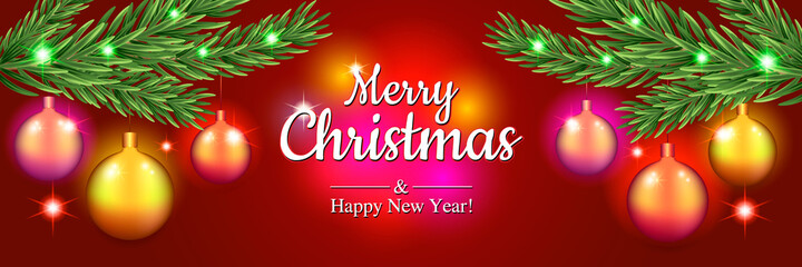 Merry Christmas and Happy New Year festive banner. Modern design of Christmas balls and Christmas tree branches. Abstract background with glow. Template vector illustration.
