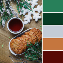 Oatmeal cookies and hot tea in the center of the winter composition. Actual winter shades of green and brown. 