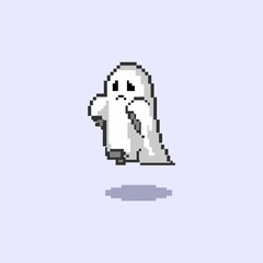 Cute ghost pixel art style icon isolated on light blue background perfect for Halloween symbol. Spooky logo.