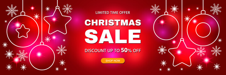 Christmas discount sale banner. Flat design of Christmas balls and snowflakes.Abstract background with glow and geometric shapes. Final sale up to 50% off. Special offer. Template vector illustration