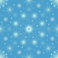 Abstract, Vector, Seamless Image of Stylized Snowflakes On a Blue Sky Background