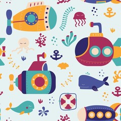 Bright seamless pattern with submarines and marine inhabitants. Designed for printing, fabrics, textiles, postcards. Children's pattern with ships. Marine print. Submarine. Vector illustration - obrazy, fototapety, plakaty