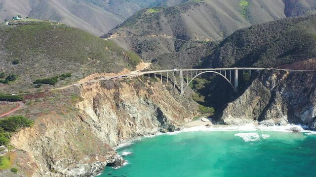 The Pacific Ocean washes onto the beautiful seashore of California, not far south of Monterey. The Pacific Coast Highway runs over the Bixby Bridge and right along this incredibly scenic coast.