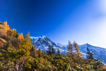 A mountain in the Mont Blanc massif in the Alps, the Aiguille de Midi. Elevation of around 3842 meters. It is a starting point for all sorts of extreme sports. October, 2021.