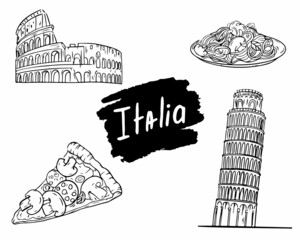 A set of icons on the theme of Italy, pasta, pizza, colosseum. Vector graphics. Vector illustration