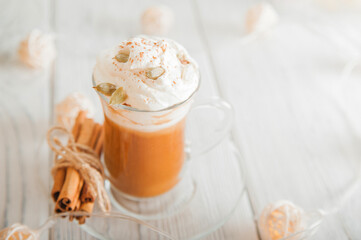 Cup with foam and cinnamon on background of pumpkins. Pumpkin autumn warming drink close-up and copy space...