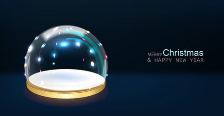 Christmas glowing glass winter snow balls in neon light.