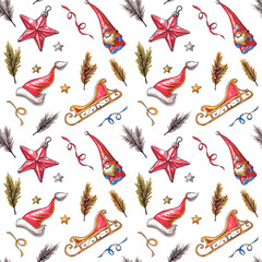 Seamless hand-drawn Christmas and New Year pattern (texture) on white background