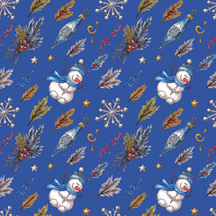 Seamless hand-drawn Christmas and New Year pattern (texture) on dark blur background