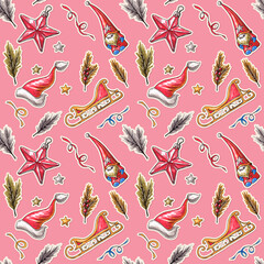 Seamless hand-drawn Christmas and New Year pattern (texture) on pink background