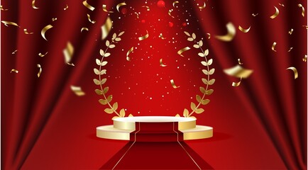 Red Stage Curtain with Spotlights, Seats and Golden Laurel Wreath. Vector illustration.