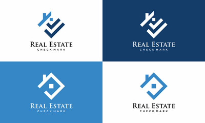 Real estate logo icon with roof and check mark graphic elements.