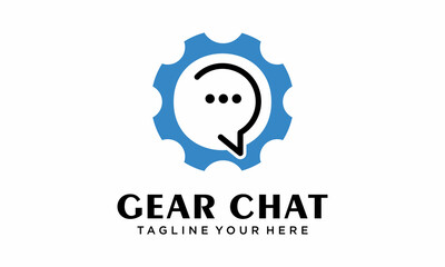 Chat and gear wheel logo - couple of pinions with speech bubbles and infinity symbol. Conversation, communication, dialogue and discussion vector icon.