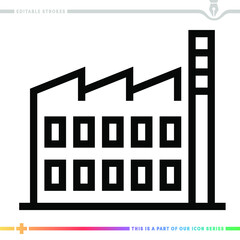 The editable line icon of factory operations can be used as a customizable black stroke vector illustration.