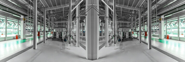 Panoramic mirror gray photo of pipes and tanks. Chemistry and medicine production. Pharmaceutical...