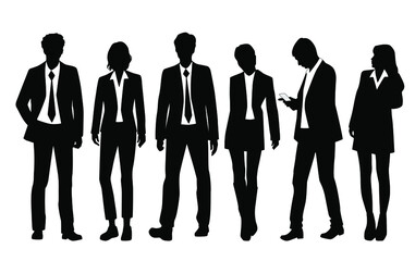 Vector silhouettes of  men and a women, a group of standing and walking business people, profile, black  color isolated on white background