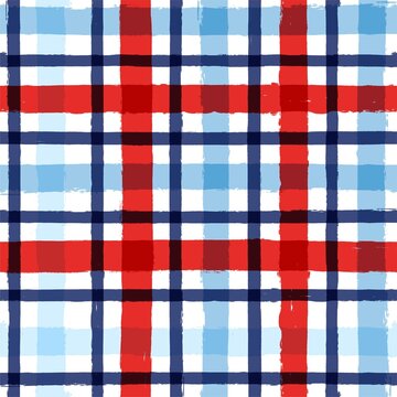 Plaid check patten. Seamless vector tartan texture print. dark navy, blue, red and white watercolor stripes, checkered male graphic background.