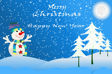 Merry Christmas and Happy New Year typography vector design for greeting cards and posters. Winter landscape with snowman, xmas tree, snow, snowflakes, moon on sapphire blue shade color background.