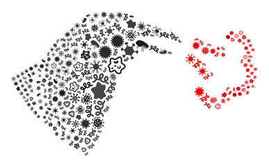 Vector infection bird influenza icon collage of contagious microbes. Bird influenza collage is constructed of virus elements, parasites, microbes, spores, contagious agents,