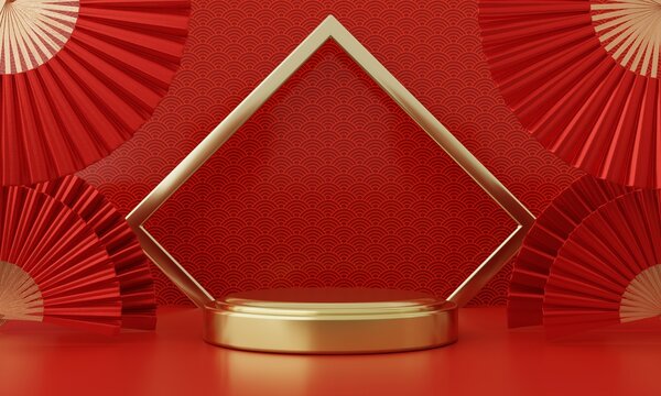 Chinese New Year red modern style one podium product showcase with golden ring frame Japanese style pattern background. Happy holiday traditional festival concept. 3D illustration rendering