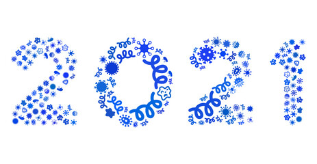 Vector virus 2021 digits text icon mosaic of pandemic microbes. 2021 digits text mosaic is designed with virus items, parasites, microbes, spores, contagious agents,