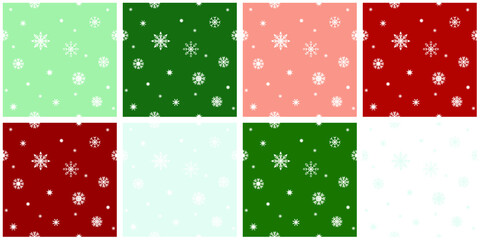 Set of seamless backgrounds with snowflakes on the background of Christmas colors.

White simple snowflakes scattered in different sizes on green, red, spruce-green, pastel backgrounds.
