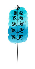 Watercolor blue gradient background and black contour twigs. Hand-drawn, background and twig are isolated from each other, can be moved to your liking.