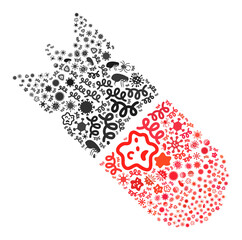 Vector infectious aviation bomb icon collage of pandemic microbes. Aviation bomb collage is composed of virus elements, parasites, microbes, spores, contagious agents, and based on aviation bomb icon.