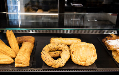 Delicious treats and snacks for breakfast in a coffee shop display