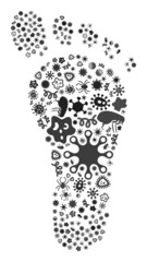 Vector infection human footprint icon composition of contagious microbes. Human footprint collage is made of infection items, parasites, microbes, spores, contagious agents,