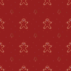 Fototapeta na wymiar Christmas repeat pattern created with ginger bread stars and Christmas tree, Hand drawn vector repeat pattern for textile, gift wrapper, fabric, web backdrop and packaging.